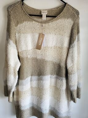 Chico's Women's Striped Knit Sweater - Cream & Tan